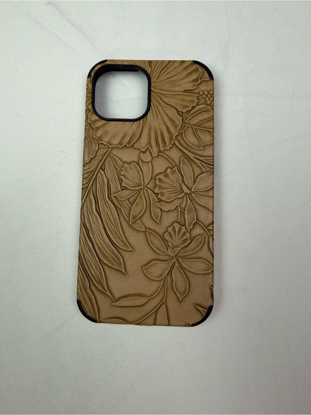 Tan Floral Embossed Leather Phone Case for Cell Phones